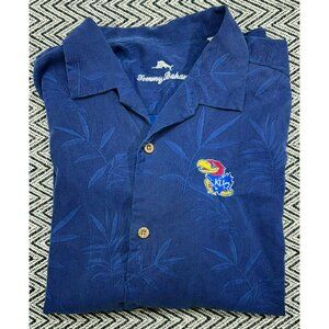 Tommy Bahama Men's Silk XL Blue Button-Up Kansas Jayhawks KU Logo Tropical Leaf
